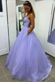 solvbao Purple Tulle Long A-Line Prom Dress, Purple Backless Evening Dress