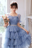 solvbao Blue Tulle Short A-Line Prom Dresses, Blue Mini Party Dresses