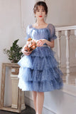 solvbao Blue Tulle Short A-Line Prom Dresses, Blue Mini Party Dresses