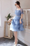 solvbao Blue Tulle Short A-Line Prom Dresses, Blue Mini Party Dresses