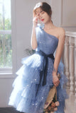 solvbao Blue Tulle Short Prom Dresses, One Shoulder Evening Dresses