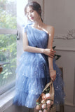 solvbao Blue Tulle Short Prom Dresses, One Shoulder Evening Dresses