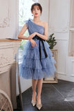 solvbao Blue Tulle Short Prom Dresses, One Shoulder Evening Dresses