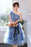 solvbao Blue Tulle Short Prom Dresses, One Shoulder Evening Dresses