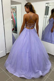 solvbao Purple Tulle Long A-Line Prom Dress, Purple Backless Evening Dress