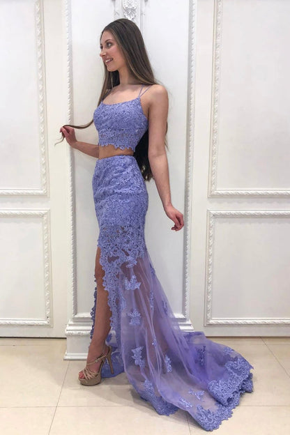 solvbao Purple Lace Long Prom Dresses, Two PIeces Evening Dresses with Slit