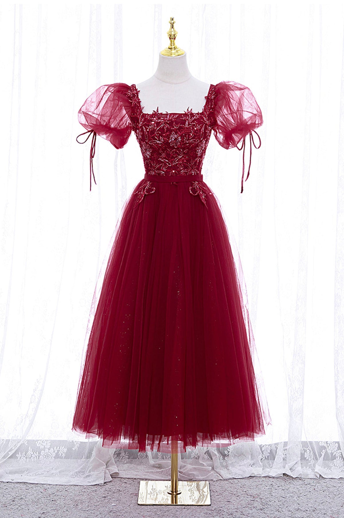 solvbao Burgundy Short Sleeve Tulle Tea Length Prom Dress, A-Line Party Dress