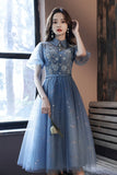 solvbao Blue Tulle Lace Short Prom Dresses, A-Line Homecoming Dresses