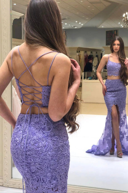 solvbao Purple Lace Long Prom Dresses, Two PIeces Evening Dresses with Slit