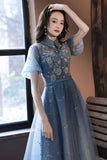 solvbao Blue Tulle Lace Short Prom Dresses, A-Line Homecoming Dresses