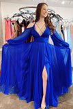 solvbao Blue Chiffon Long Sleeve Prom Dresses, A-Line Evening Dresses