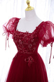 solvbao Burgundy Short Sleeve Tulle Tea Length Prom Dress, A-Line Party Dress