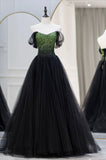 solvbao Black Tulle Long A-Line Prom Dress, Black Evening Dress with Green Beaded