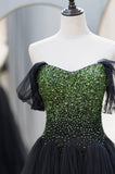 solvbao Black Tulle Long A-Line Prom Dress, Black Evening Dress with Green Beaded