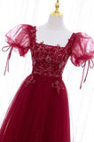 solvbao Burgundy Short Sleeve Tulle Tea Length Prom Dress, A-Line Party Dress