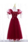 solvbao Burgundy Short Sleeve Tulle Tea Length Prom Dress, A-Line Party Dress