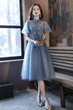 solvbao Blue Tulle Lace Short Prom Dresses, A-Line Homecoming Dresses