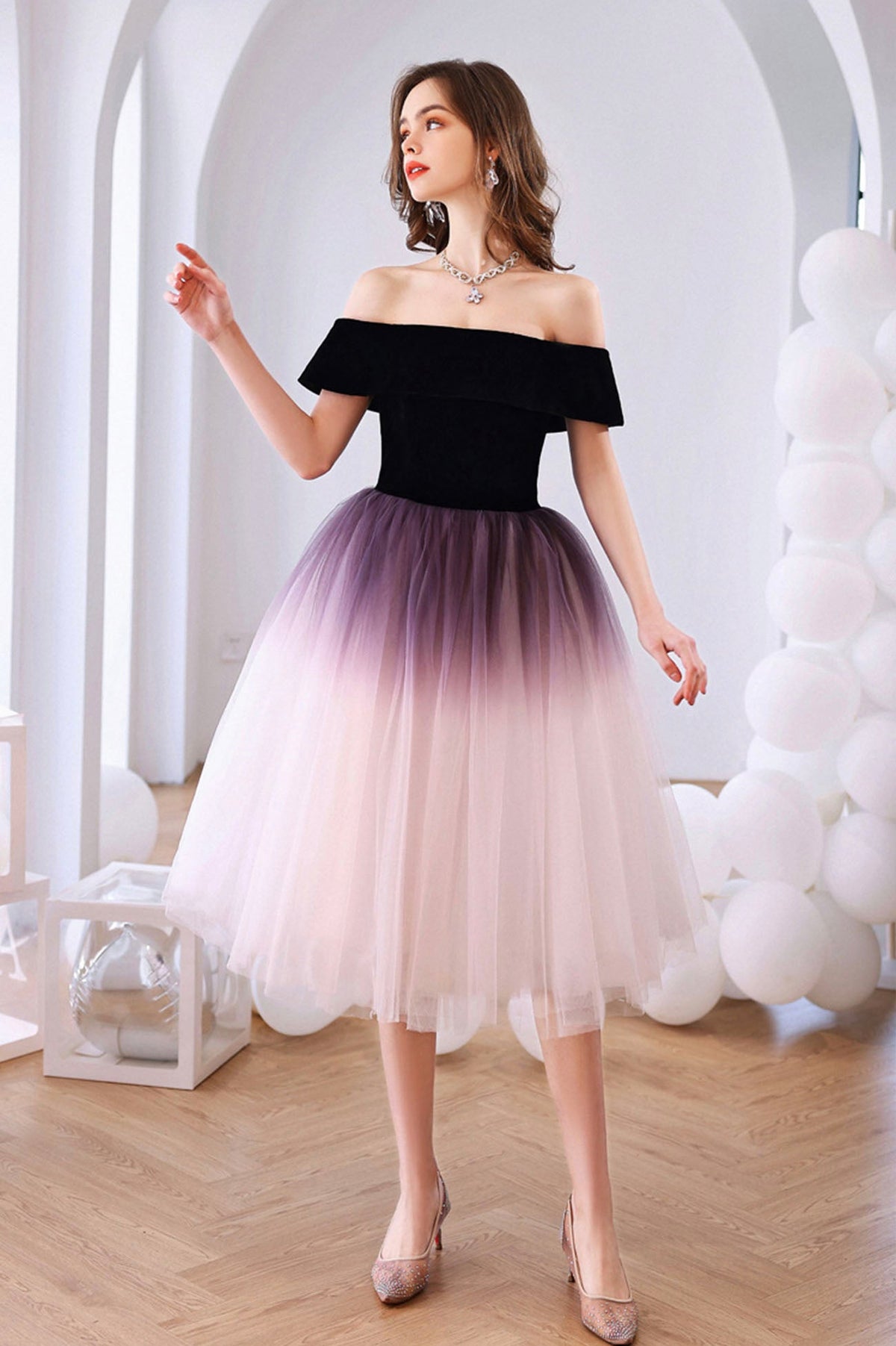 solvbao Lovely Ombre Tulle Short Prom Dress, A-Line Off the Shoulder Party Dress