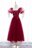 solvbao Burgundy Short Sleeve Tulle Tea Length Prom Dress, A-Line Party Dress