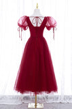 solvbao Burgundy Short Sleeve Tulle Tea Length Prom Dress, A-Line Party Dress