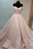 solvbao Pink Lace Long Prom Dresses, A-Line Off the Shoulder Evening Dresses