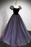 solvbao Purple Velvet Tulle Long Prom Dresses, A-Line Evening Dresses