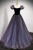 solvbao Purple Velvet Tulle Long Prom Dresses, A-Line Evening Dresses