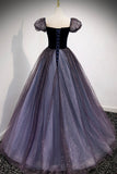 solvbao Purple Velvet Tulle Long Prom Dresses, A-Line Evening Dresses