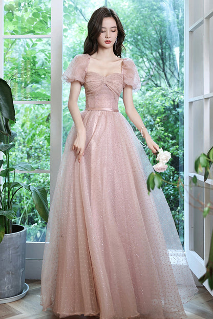 solvbao Pink Tulle Long Prom Dresses, A-Line Evening Dresses