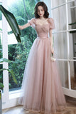 solvbao Pink Tulle Long Prom Dresses, A-Line Evening Dresses