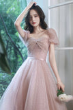 solvbao Pink Tulle Long Prom Dresses, A-Line Evening Dresses