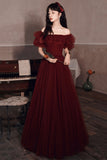 solvbao Burgundy Tulle Long Prom Dresses, A-Line Evening Dresses