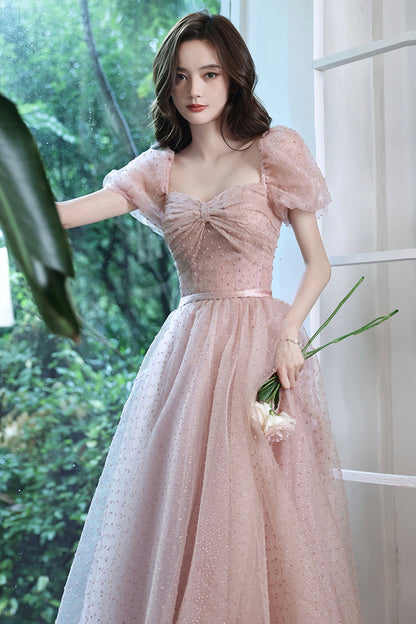 solvbao Pink Tulle Long Prom Dresses, A-Line Evening Dresses