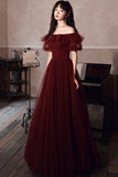 solvbao Burgundy Tulle Long Prom Dresses, A-Line Evening Dresses