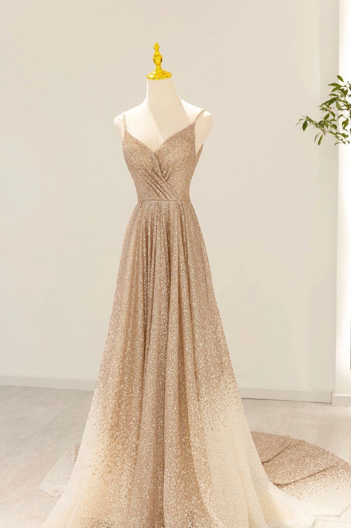 solvbao Gold V-Neck Sequins Long Prom Dress, A-Line Evening Party Dress