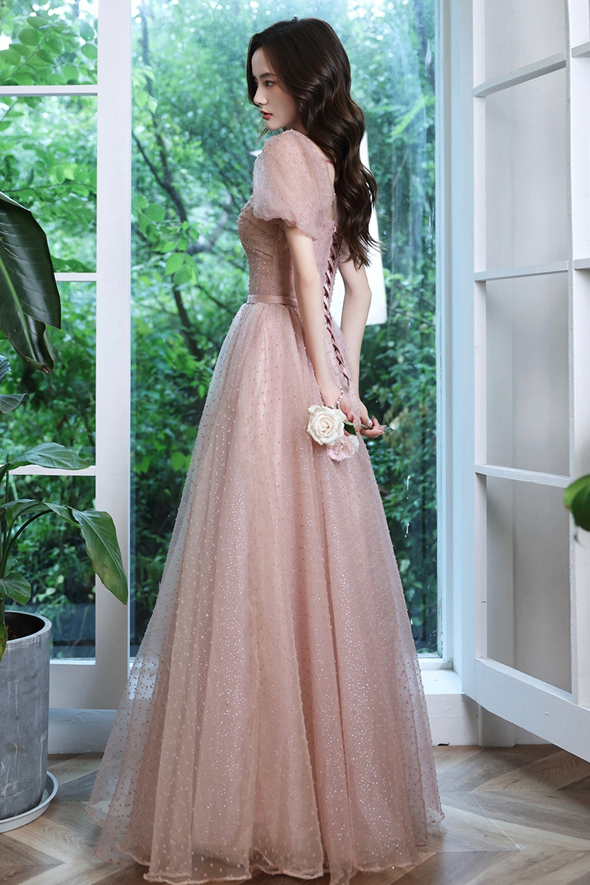 solvbao Pink Tulle Long Prom Dresses, A-Line Evening Dresses