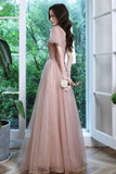 solvbao Pink Tulle Long Prom Dresses, A-Line Evening Dresses