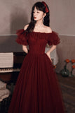 solvbao Burgundy Tulle Long Prom Dresses, A-Line Evening Dresses