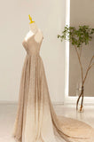 solvbao Gold V-Neck Sequins Long Prom Dress, A-Line Evening Party Dress