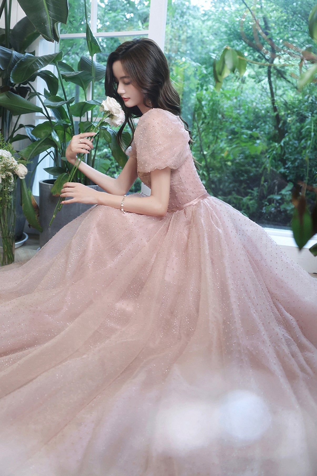 solvbao Pink Tulle Long Prom Dresses, A-Line Evening Dresses