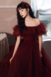 solvbao Burgundy Tulle Long Prom Dresses, A-Line Evening Dresses