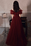 solvbao Burgundy Tulle Long Prom Dresses, A-Line Evening Dresses