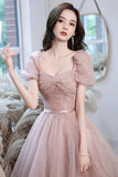 solvbao Pink Tulle Long Prom Dresses, A-Line Evening Dresses