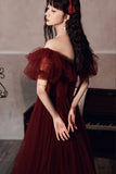 solvbao Burgundy Tulle Long Prom Dresses, A-Line Evening Dresses