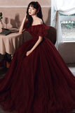 solvbao Burgundy Tulle Long Prom Dresses, A-Line Evening Dresses