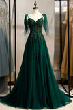 solvbao Green V-Neck Lace Long Prom Dresses, A-Line Evening Dresses