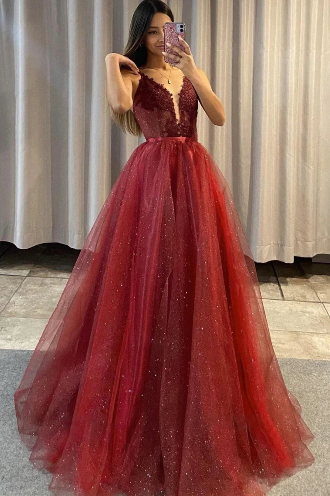 solvbao Burgundy Lace Tulle Evening Dress, Detachable Two Piece Prom Dress