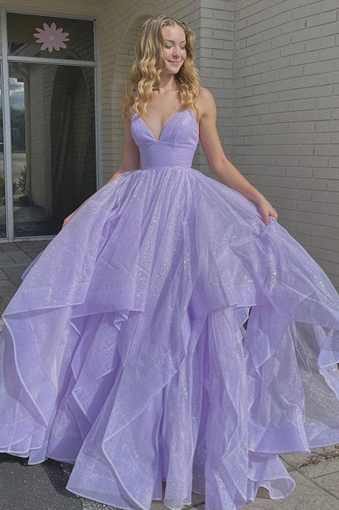 solvbao Purple Spaghetti Strap Tulle Long Prom Dresses, A-Line Lace-Up Evening Dresses