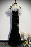 solvbao Black Velvet Long Prom Dresses, Mermaid Evening Dresses