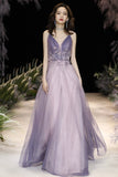 solvbao Purple V-Neck Tulle Long Prom Dresses, A-Line Evening Dresses